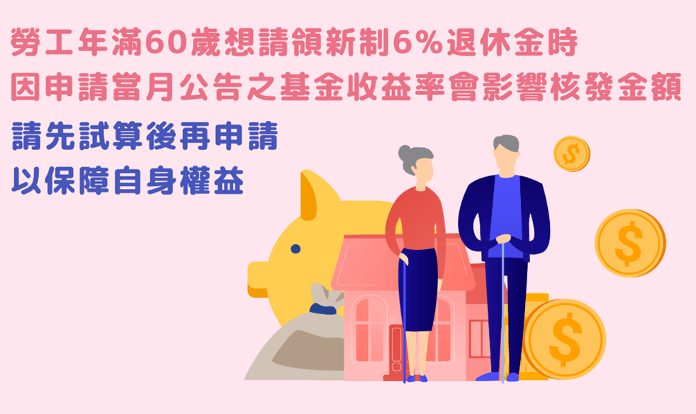 勞工年滿60歲想請領新制6%退休金時，因申請當月公告之基金收益率會影響核發金額，請先試算後再申請，以保障自身權益。